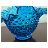 Vintage Fenton Blue Hobnail Glass Basket