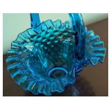 Vintage Fenton Blue Hobnail Glass Basket