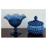 Fenton Blue Hobnail Glass Bowl and Covered Dish