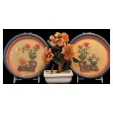 Two Jade Coral Elements Circular Wall Plaques and Coral Bonsai Tree