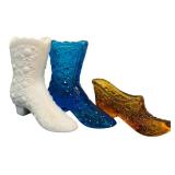 Vintage Fenton Blue Glass Heeled Boot, Vintage Fenton Amber Glass Shoe & Vintage Fenton Milk Glass Boot
