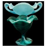 Vintage Fenton Three Fruits Handled Comport Satin Blue Bon Bon Milk Glass and Slag Glass Candy Dish