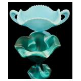 Vintage Fenton Three Fruits Handled Comport Satin Blue Bon Bon Milk Glass and Slag Glass Candy Dish