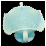 Vintage Fenton Three Fruits Handled Comport Satin Blue Bon Bon Milk Glass and Slag Glass Candy Dish