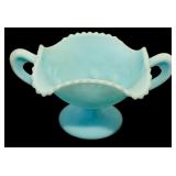 Vintage Fenton Three Fruits Handled Comport Satin Blue Bon Bon Milk Glass and Slag Glass Candy Dish