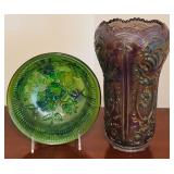 Imperial Glass Company Including Iridescent Purple Footed Candy Dish and Scroll and Open Rose Helios Green Carnival Bowl