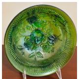 Imperial Glass Company Including Iridescent Purple Footed Candy Dish and Scroll and Open Rose Helios Green Carnival Bowl