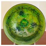 Imperial Glass Company Including Iridescent Purple Footed Candy Dish and Scroll and Open Rose Helios Green Carnival Bowl