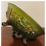 Imperial Glass Company Including Iridescent Purple Footed Candy Dish and Scroll and Open Rose Helios Green Carnival Bowl