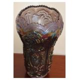 Imperial Glass Company Including Iridescent Purple Footed Candy Dish and Scroll and Open Rose Helios Green Carnival Bowl