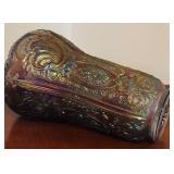 Imperial Glass Company Including Iridescent Purple Footed Candy Dish and Scroll and Open Rose Helios Green Carnival Bowl