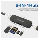 Verbatim 6-in-1 USB C Hub Adapter - 100W Power Delivery, USB 3.0 Ports, SD Card Readers, 3.5mm Audio Port for USB C Laptops
