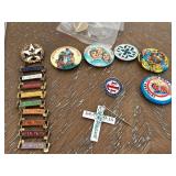 Assorted Vintage Buttons, Church Pins and Crucifix Necklace