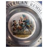This is a vintage commemorative pewter plate titled "The Great American Revolution 1776," featuring a ceramic insert depicting the iconic "Spirit of 