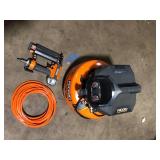 RIDGID 6 Gal. 150 PSI Portable Electric Oil-Free Jobsite Pancake Air Compressor with 25 ft. Air Hose and 18GA Brad Nailer   Customer Returns See Pictures