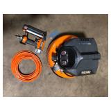 RIDGID 6 Gal. 150 PSI Portable Electric Oil-Free Jobsite Pancake Air Compressor with 25 ft. Air Hose and 18GA Brad Nailer   Customer Returns See Pictures