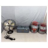 Antique Fan, Metal Tackle Box, Old Therm-a-Jugs