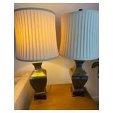 Two Wooden Base Brass Lamps with Good Shades