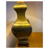 Two Wooden Base Brass Lamps with Good Shades