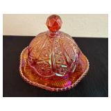 Vintage Iridescent Carnival Glass Round Butter Dish