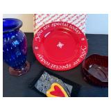 Love is Indiana Glass Red Footed Candy Dish with Special Plate, Stunning Vase and Ceramic Heart