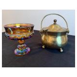 Vintage Brass Smudge Pot & Classic Indiana Amber Glass Bowl