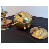 Vintage Brass Smudge Pot & Classic Indiana Amber Glass Bowl