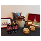 Gerber Knives, Wind bucket, Signed Art Picture of Pears, Pearson of Chesterfield England Pitcher and Dishes Made in England and Bear S&P Shakers