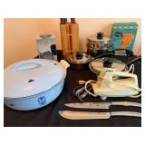 Kitchen Set of Salad master Pots With Lids, Salad master Knives, Dru pot Made in Holland, Sunbeam Mixer and Coffee Cup Warmer,