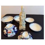 Vintage Japanese Imari-Style Rice Bowls and Carved Soapstone Statue