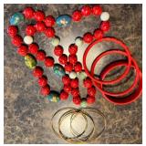 Vintage Chinese Carved Cloisonne Cinnabar Beads and Bracelets