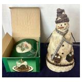 Dept. 56 Plum Pudding Oil Lamp and Snowman Figure
