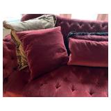 Henredon Red Velvet Tufted Sofa with Assorted Throw Pillows