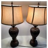 Pair of Ornate Table Lamps with Intricate Brown Base Design