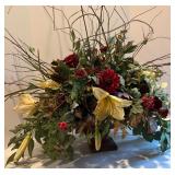 Decorative Floral Arrangement with Mixed Faux Flowers in Antique Finish Vase