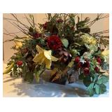 Decorative Floral Arrangement with Mixed Faux Flowers in Antique Finish Vase