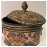 Vintage Metal Tin with Ornate Lid and Decorative Floral Design