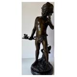Bronze Sculpture of a Boy Holding Branch on Marble Base