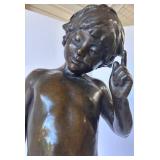 Bronze Sculpture of a Boy Holding Branch on Marble Base
