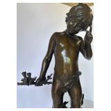 Bronze Sculpture of a Boy Holding Branch on Marble Base
