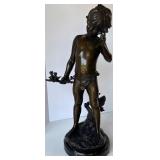 Bronze Sculpture of a Boy Holding Branch on Marble Base