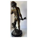Bronze Sculpture of a Boy Holding Branch on Marble Base