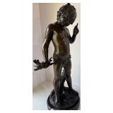 Bronze Sculpture of a Boy Holding Branch on Marble Base