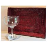 Large Woven Red Serving Tray and Clear Glass Oversized Goblet
