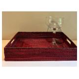 Large Woven Red Serving Tray and Clear Glass Oversized Goblet
