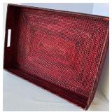 Large Woven Red Serving Tray and Clear Glass Oversized Goblet