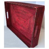 Large Woven Red Serving Tray and Clear Glass Oversized Goblet