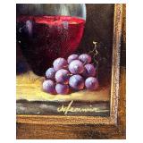 Vintage Framed Painting of Wine and Grapes, signed by Artist