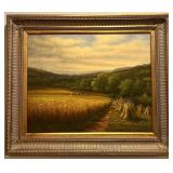 Framed Painting of Wheat Fields in Gilded Frame, signed by Artist