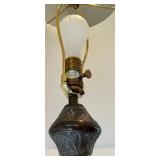 Ornate Brass and Fabric Floor Lamp with Detailed Base and Shade